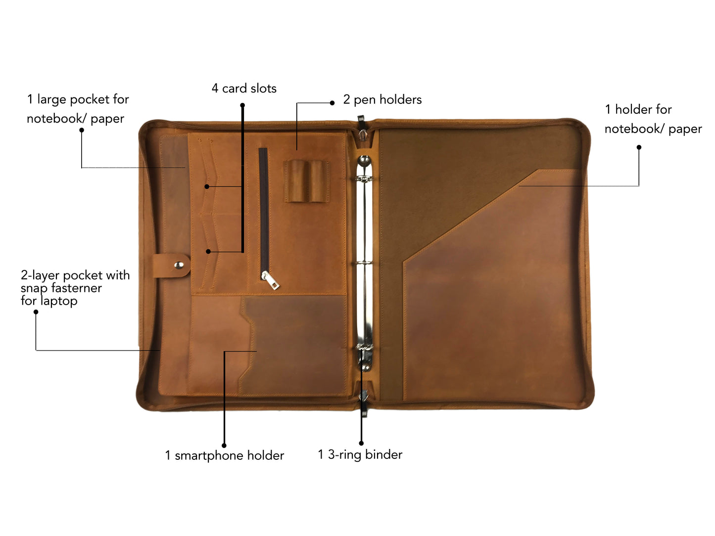 Genuine Leather Portfolio for Men/ Women, Personalised Leather 3-Ring Binder Fits for 13 Inch Laptop Legal Pad A4 Paper, Gift (Tan)
