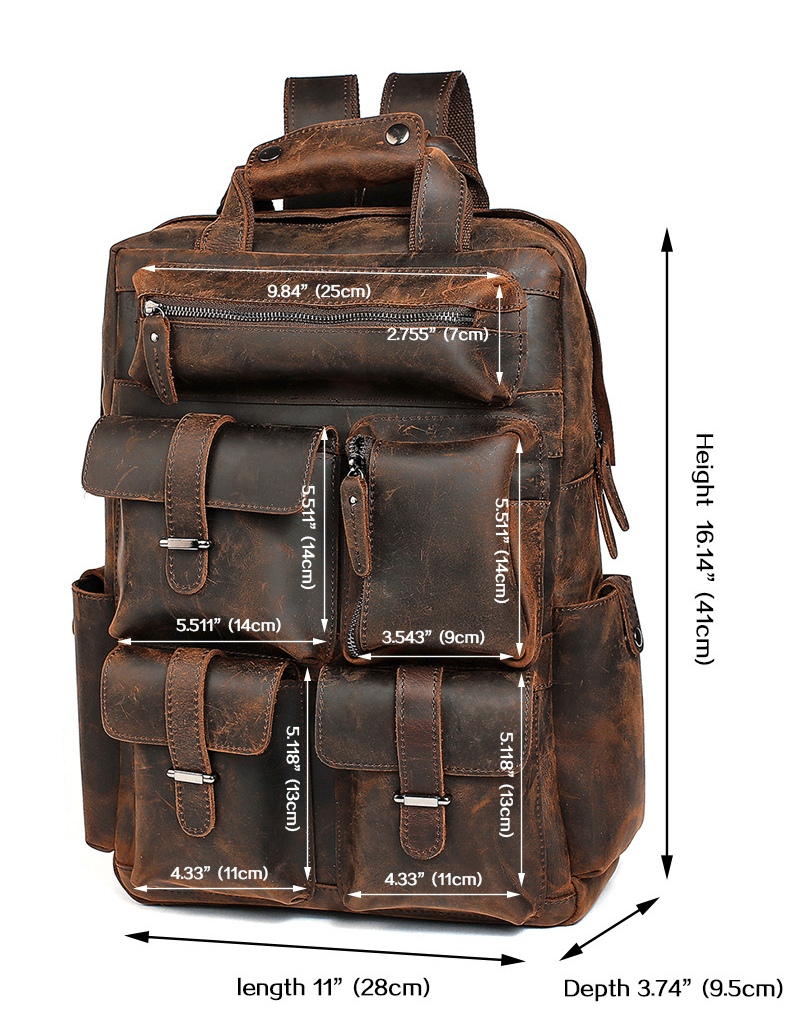 Retro Full Grain Cowhide Leather Backpack for 15" Laptop Travel Hiking Camping Rucksack with Multi-pockets, Engraving Customization for Option