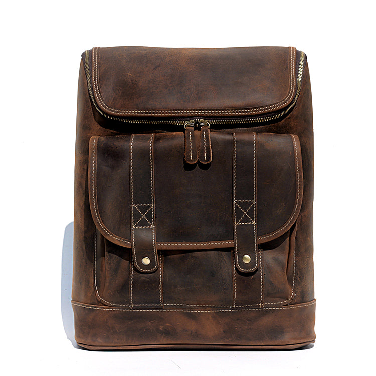 Vintage Full Grain Cowhide Leather Backpack for 15" Laptop Travel Hiking Camping Rucksack, Engraving Customization for Option