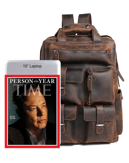 Retro Full Grain Cowhide Leather Backpack for 15" Laptop Travel Hiking Camping Rucksack with Multi-pockets, Engraving Customization for Option