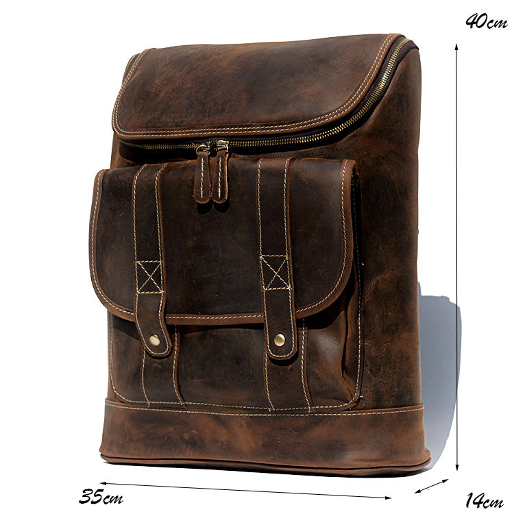 Vintage Full Grain Cowhide Leather Backpack for 15" Laptop Travel Hiking Camping Rucksack, Engraving Customization for Option