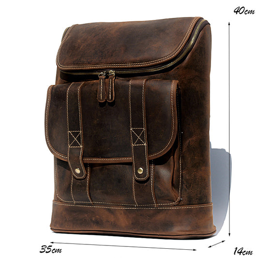 Vintage Full Grain Cowhide Leather Backpack for 15" Laptop Travel Hiking Camping Rucksack, Engraving Customization for Option