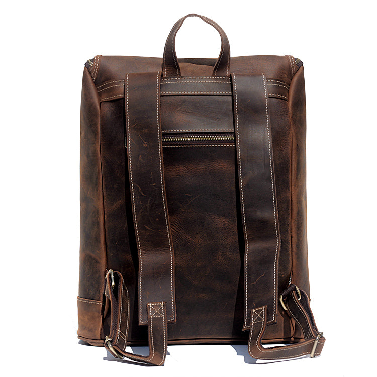 Vintage Full Grain Cowhide Leather Backpack for 15" Laptop Travel Hiking Camping Rucksack, Engraving Customization for Option