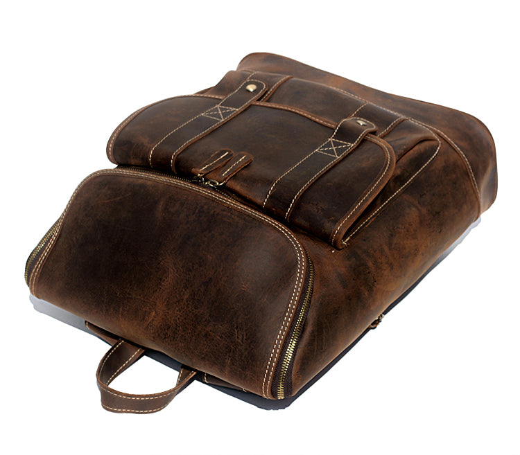 Vintage Full Grain Cowhide Leather Backpack for 15" Laptop Travel Hiking Camping Rucksack, Engraving Customization for Option