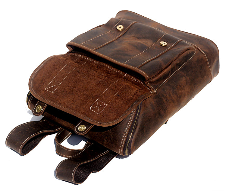 Vintage Full Grain Cowhide Leather Backpack for 15" Laptop Travel Hiking Camping Rucksack, Engraving Customization for Option