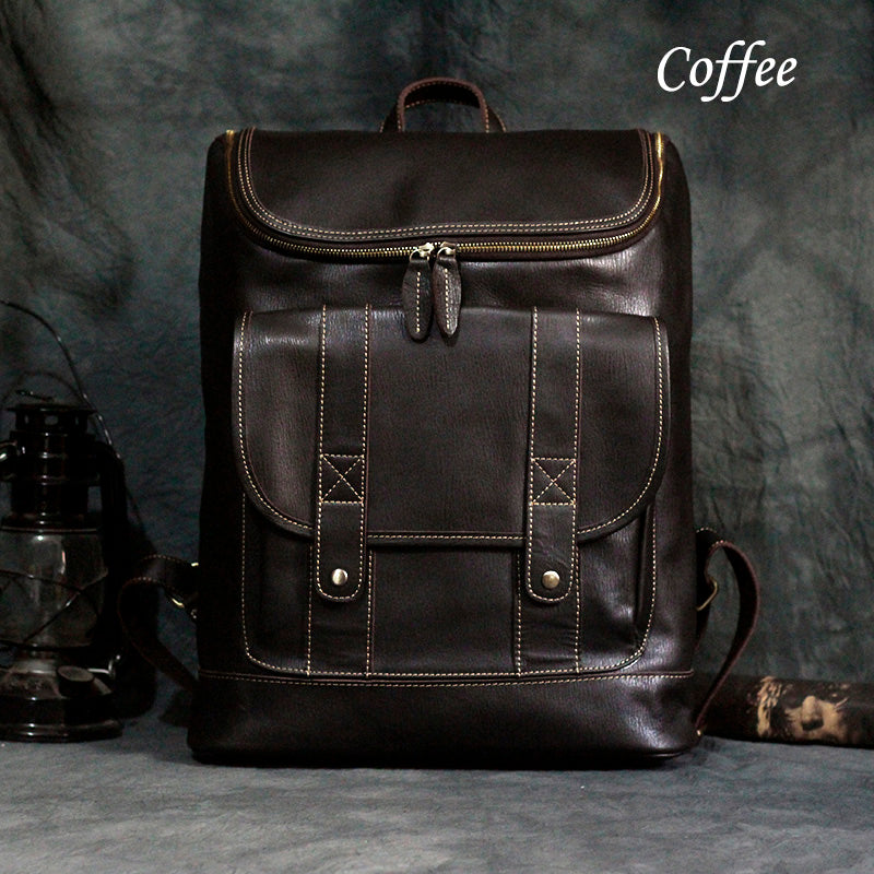Vintage Full Grain Cowhide Leather Backpack for 15" Laptop Travel Hiking Camping Rucksack, Engraving Customization for Option