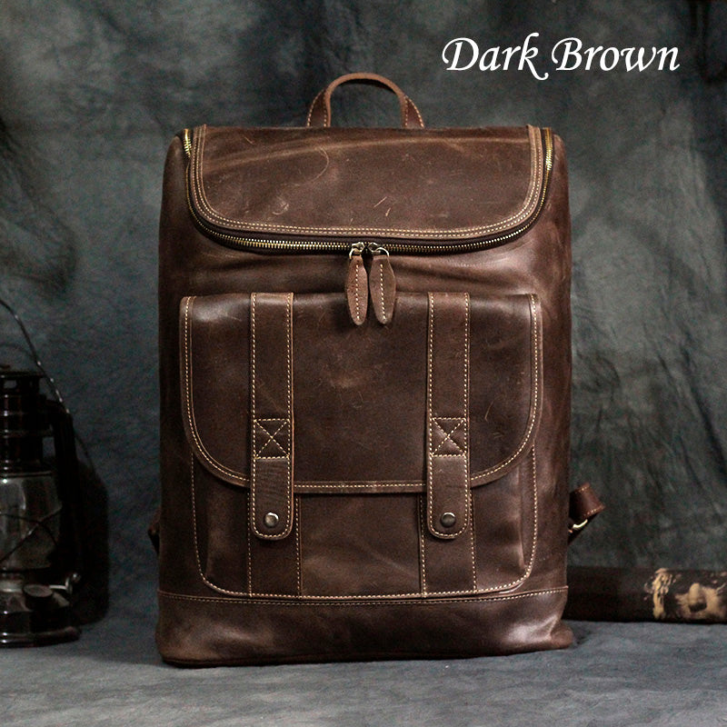 Vintage Full Grain Cowhide Leather Backpack for 15" Laptop Travel Hiking Camping Rucksack, Engraving Customization for Option