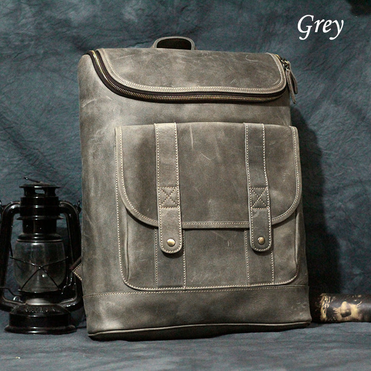 Vintage Full Grain Cowhide Leather Backpack for 15" Laptop Travel Hiking Camping Rucksack, Engraving Customization for Option