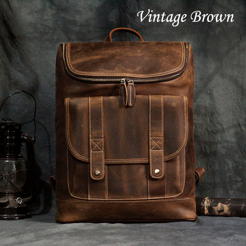 Vintage Full Grain Cowhide Leather Backpack for 15" Laptop Travel Hiking Camping Rucksack, Engraving Customization for Option