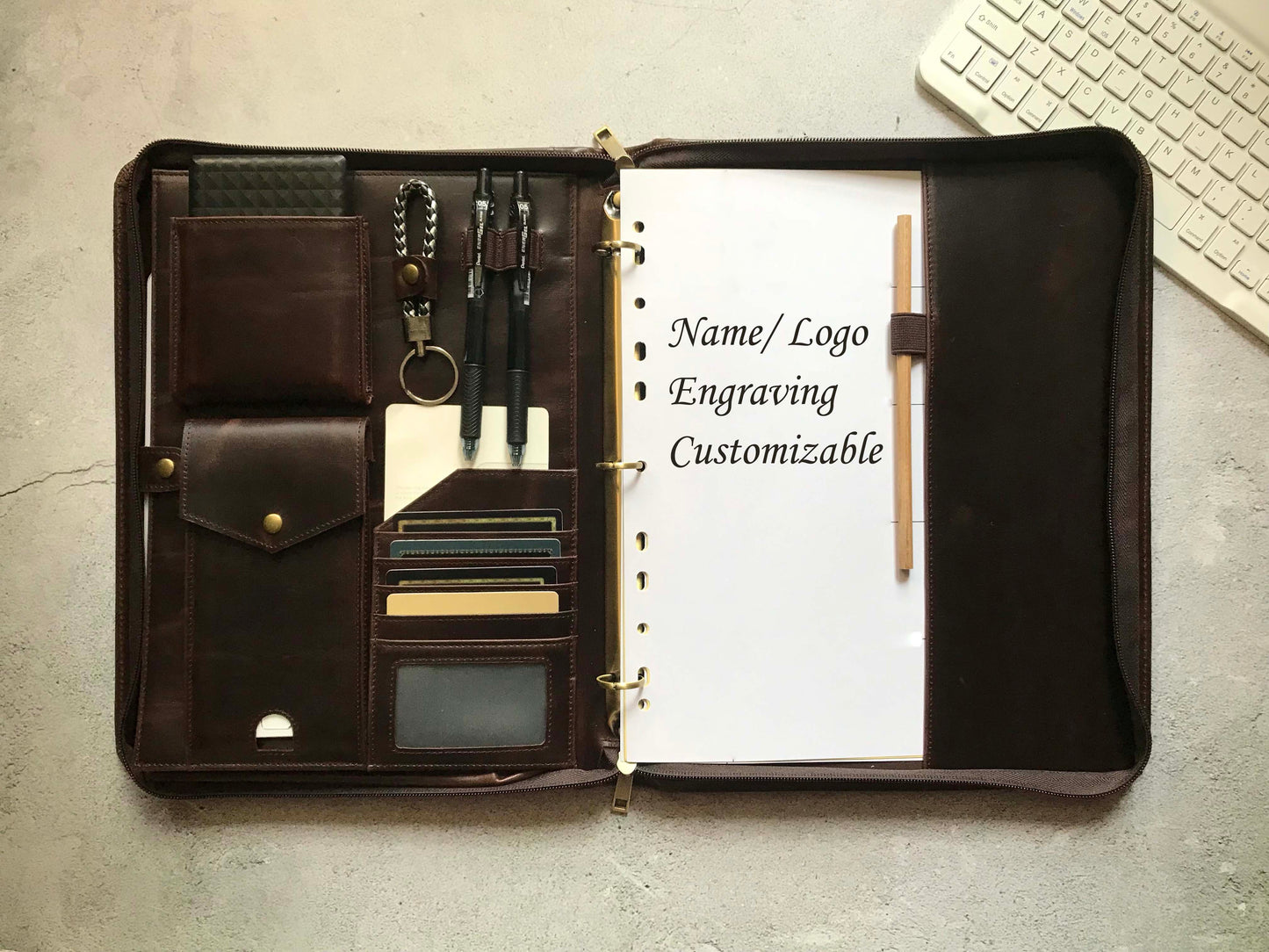 Genuine Leather Portfolio, Zipper Business Organizer, Padfolio for Legal Paper/ A4 Letter Size Notepad/ MacBook, Gift (Black)