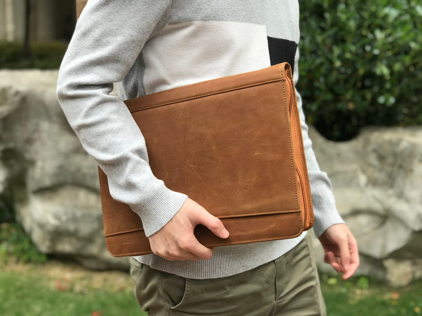 Genuine Leather Portfolio, Zipper Business Organizer, Padfolio for Legal Paper/ A4 Size Notepad/ MacBook, Birthday Gifts for Men