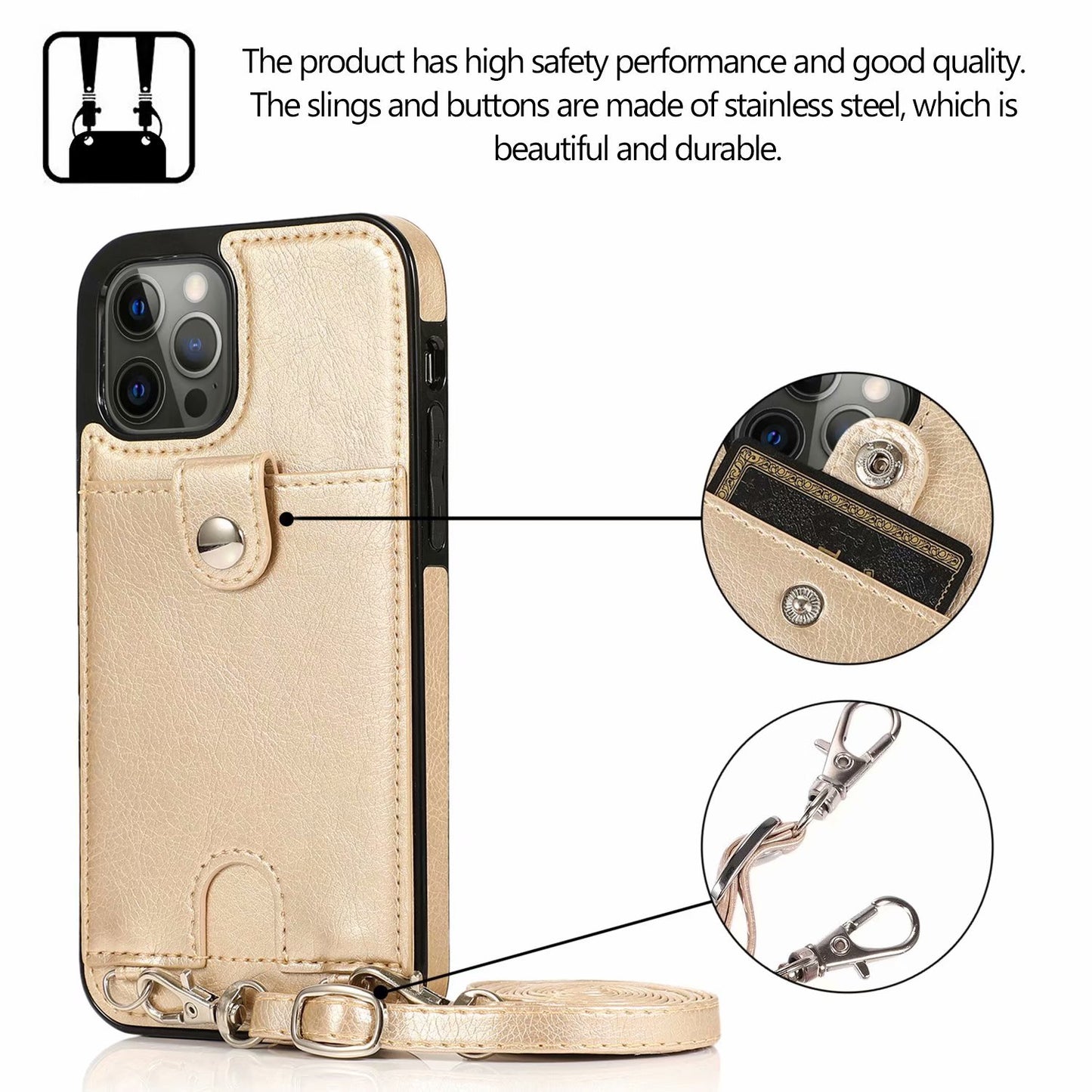 Customizable Leather iPhone Case Wallet with Shoulder Strap for iPhone 13/ iPhone 12/ iPhone 11/ iPhone XS/ iPhone 8/ iPhone 7/ iPhone SE 2nd