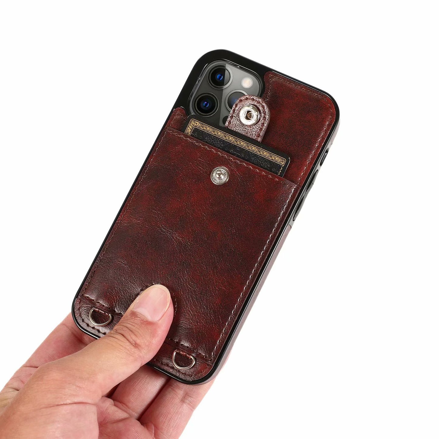 Customizable Leather iPhone Case Wallet with Shoulder Strap for iPhone 13/ iPhone 12/ iPhone 11/ iPhone XS/ iPhone 8/ iPhone 7/ iPhone SE 2nd