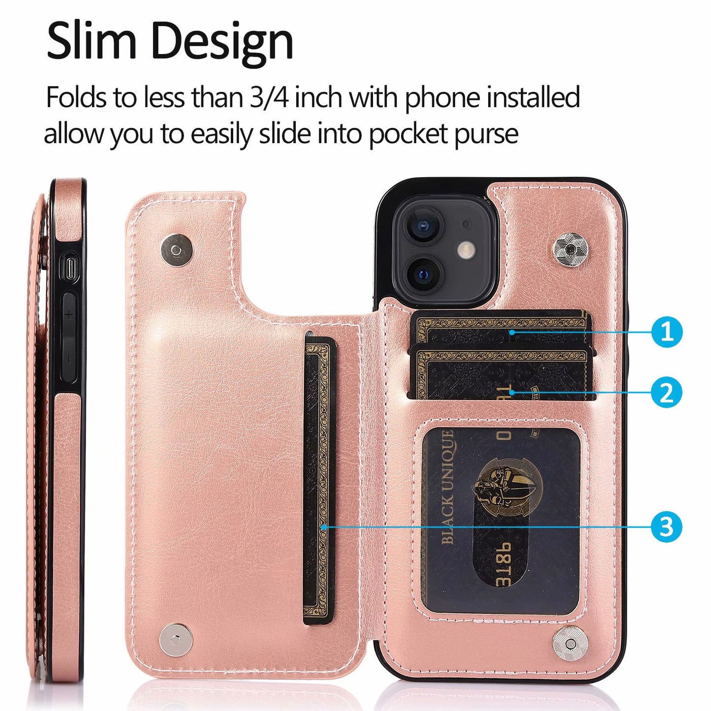 Custom Leather iPhone Case with Magnetic Button Wallet for iPhone 14/ iPhone 13/ iPhone 12/ iPhone 11/ iPhone XS/ iPhone 8/ iPhone 7/ iPhone SE