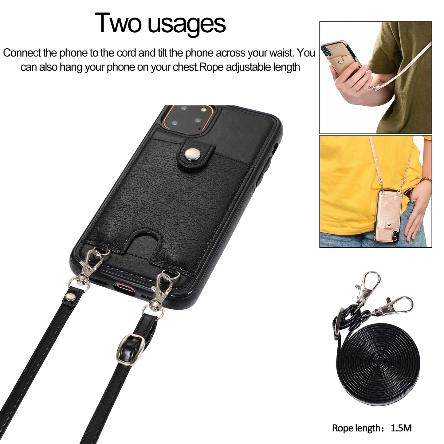 Customizable Leather iPhone Case Wallet with Shoulder Strap for iPhone 13/ iPhone 12/ iPhone 11/ iPhone XS/ iPhone 8/ iPhone 7/ iPhone SE 2nd
