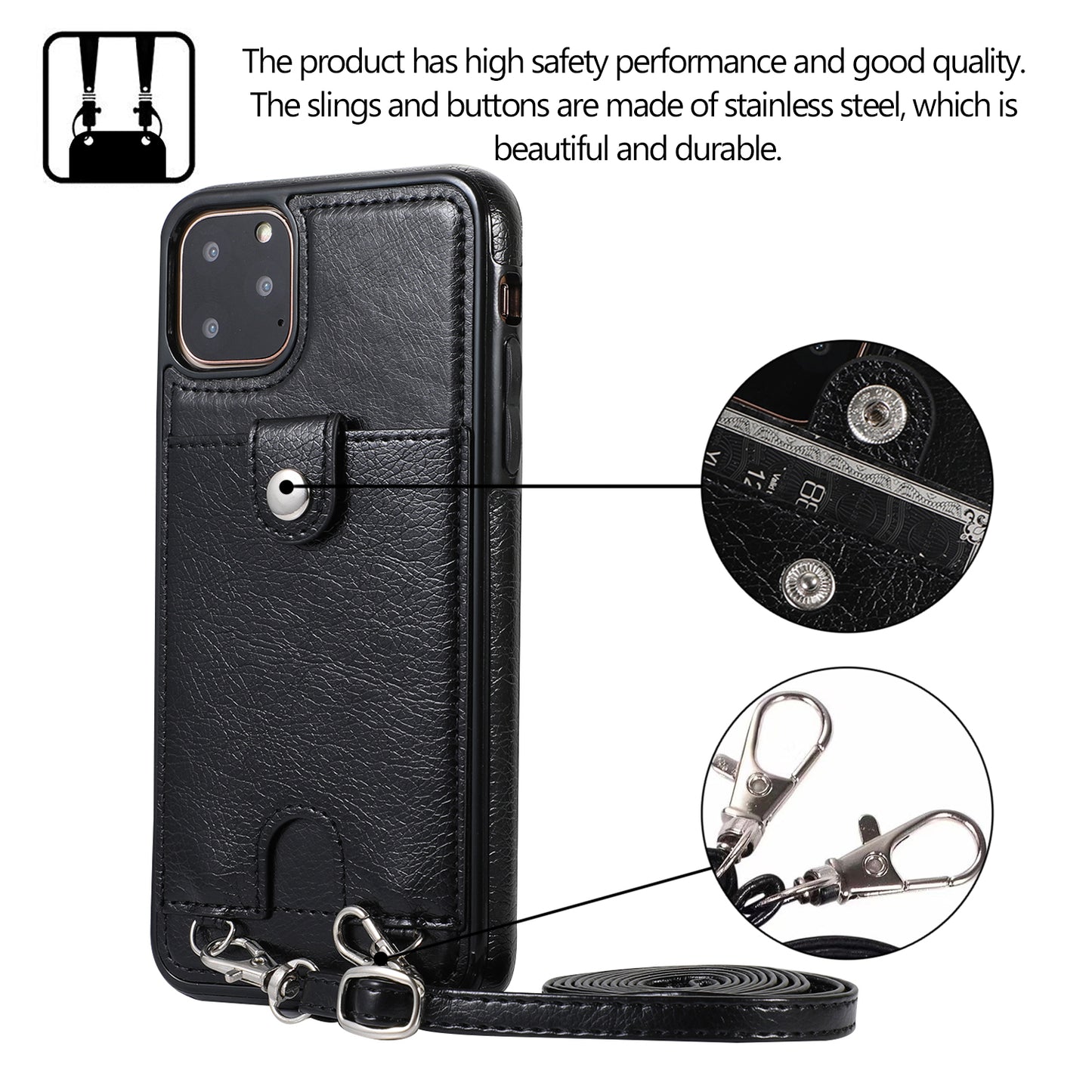 Customizable Leather iPhone Case Wallet with Shoulder Strap for iPhone 13/ iPhone 12/ iPhone 11/ iPhone XS/ iPhone 8/ iPhone 7/ iPhone SE 2nd