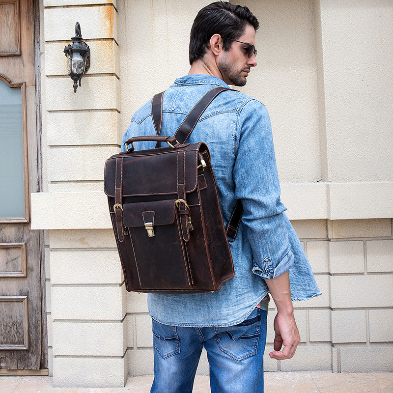 Full Grain Cowhide Leather Backpack for 14" Laptop Crossbody Bag
