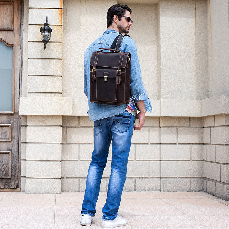 Full Grain Cowhide Leather Backpack for 14" Laptop Crossbody Bag