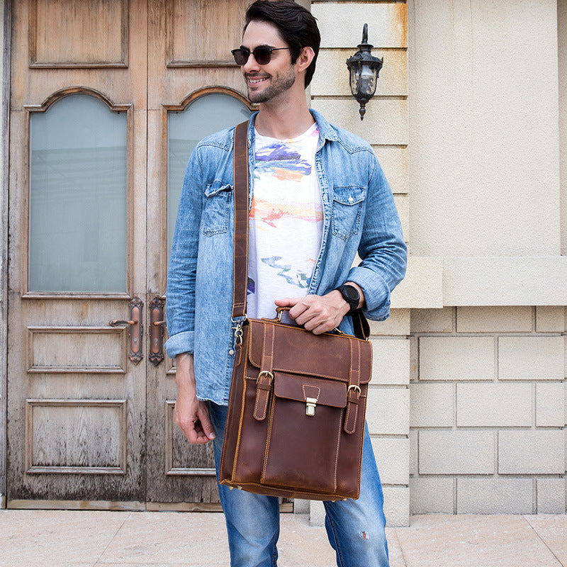 Full Grain Cowhide Leather Backpack for 14" Laptop Crossbody Bag