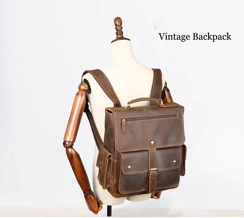 Vintage Handmade Crazy Horse Leather Backpack, Leather Bag for MacBook/ iPad/ A4/ Legal Paper