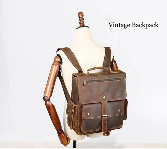 Vintage Handmade Crazy Horse Leather Backpack, Leather Bag for MacBook/ iPad/ A4/ Legal Paper