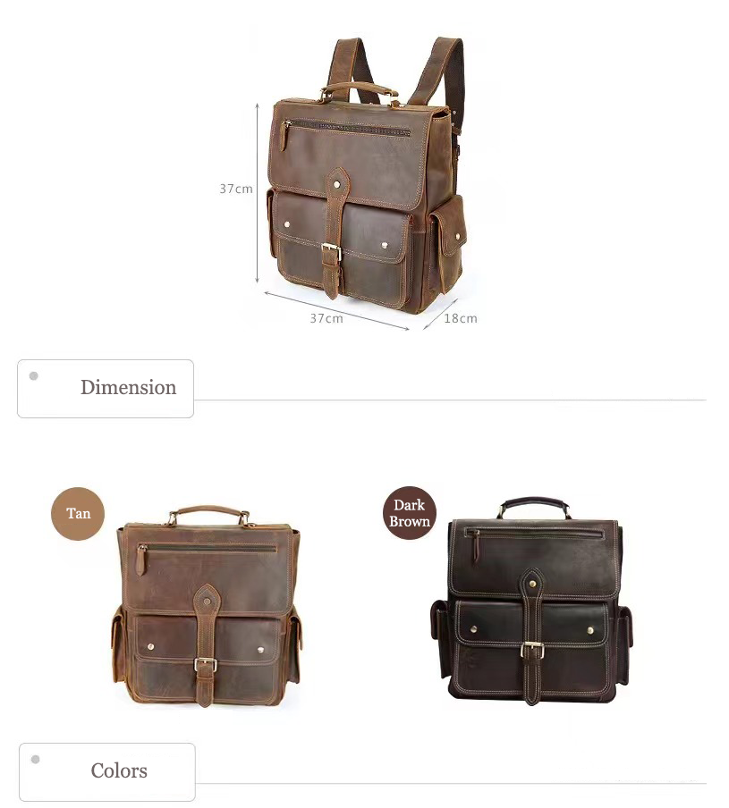 Vintage Handmade Crazy Horse Leather Backpack, Leather Bag for MacBook/ iPad/ A4/ Legal Paper