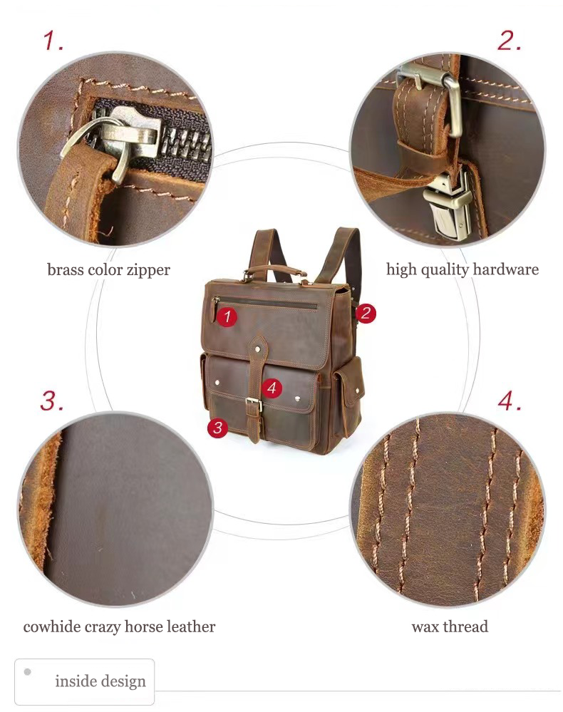 Vintage Handmade Crazy Horse Leather Backpack, Leather Bag for MacBook/ iPad/ A4/ Legal Paper