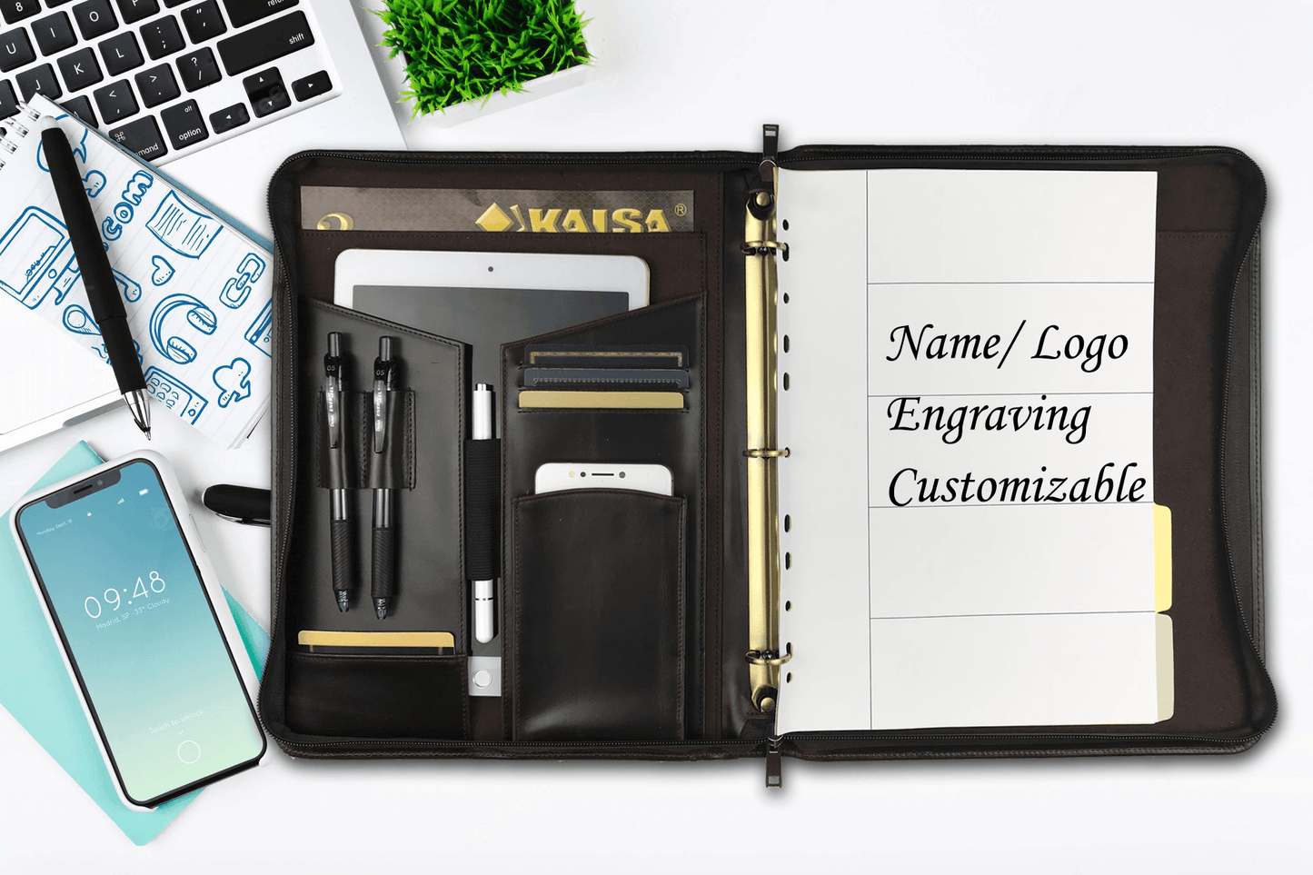 Genuine Leather Portfolio, 3 Ring Binder, Zipper Padfolio for Legal Paper/ A4 Letter Size Notepad/ iPad Pro 12.9", Gift (Dark Brown)