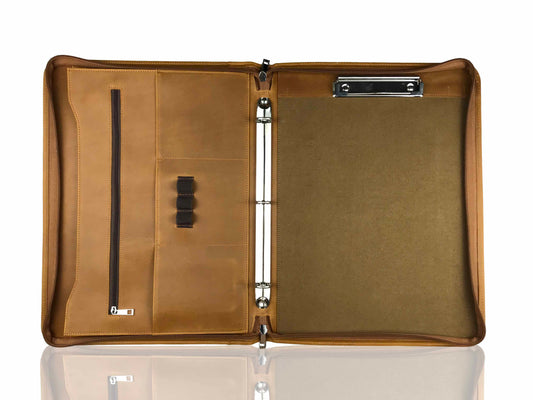 Genuine Leather Portfolio, 3 Ring Binder, Zipper Padfolio for Legal Paper 8.5" x 11"/ 8.5" x 14"/ A4 Letter Size Notepad/ MacBook 13", Gift (Tan)