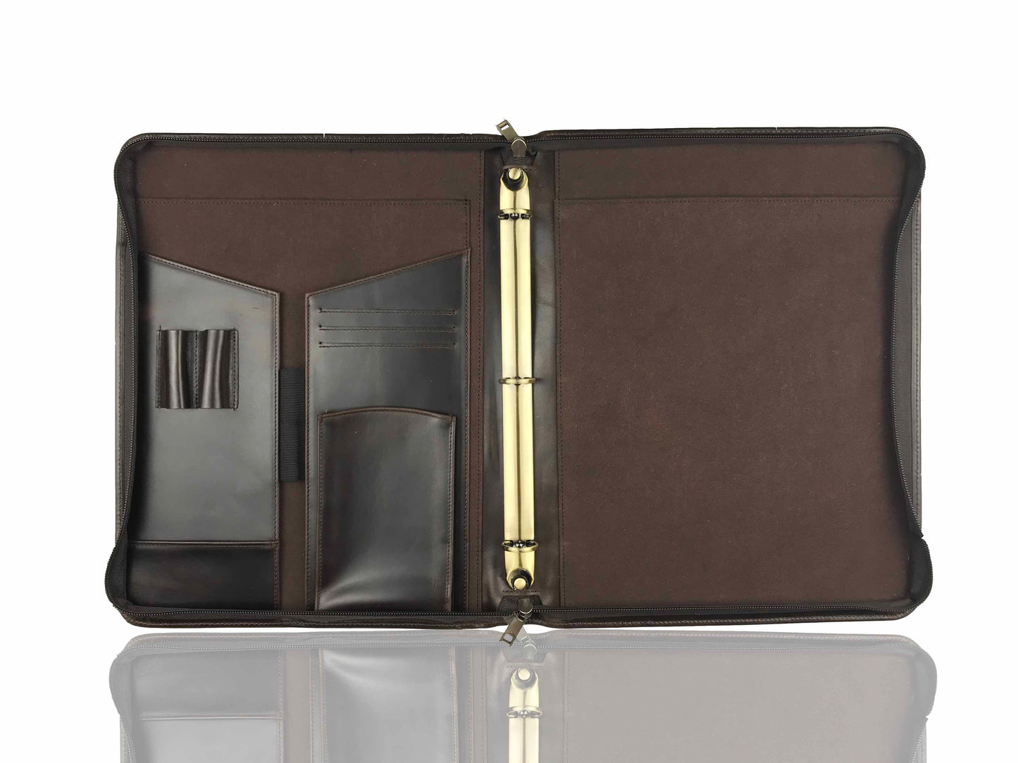 Genuine Leather Portfolio, 3 Ring Binder, Zipper Padfolio for Legal Paper/ A4 Letter Size Notepad/ iPad Pro 12.9", Gift (Dark Brown)