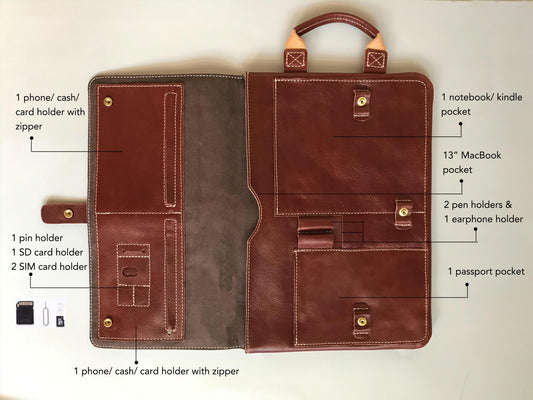 Handmade Stylish Slim Genuine Cowhide Leather Briefcase, Leather Business Portfolio/ Handbag/ iPad Holder/ Laptop Case