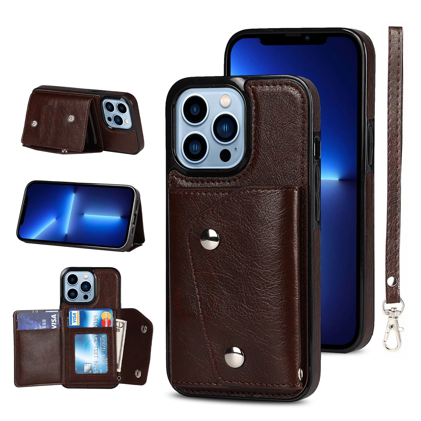 Personalized Vegan Leather Trifold iPhone Case Wallet with Strap for iPhone 14/ iPhone 13/ iPhone 12/ iPhone 11/ iPhone XS/ iPhone 8/ iPhone 7