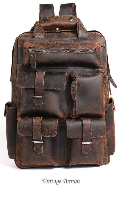 Retro Full Grain Cowhide Leather Backpack for 15" Laptop Travel Hiking Camping Rucksack with Multi-pockets, Engraving Customization for Option