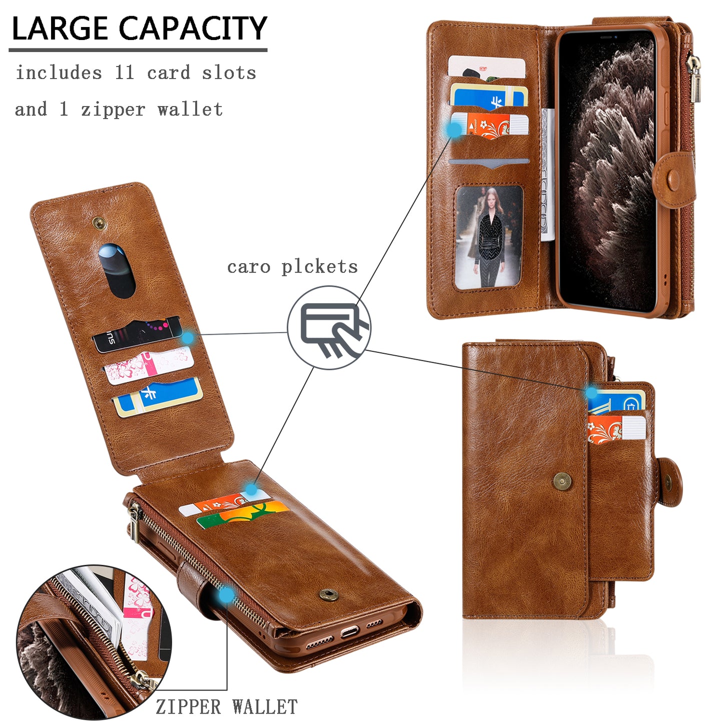 Customizable Genuine Leather iPhone Flip Case Wallet with Magnetic Back Cover for iPhone 12/ iPhone 11/ iPhone XS/ iPhone 8/ iPhone 7