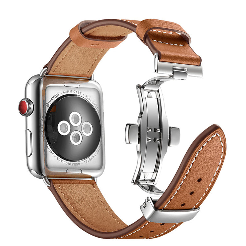 Custom Genuine Leather Watch Band for Apple Watch Series 7/ 6/ 5/ 4/ SE with Stainless Steel Buckle (Silver Color) + Screen Protector