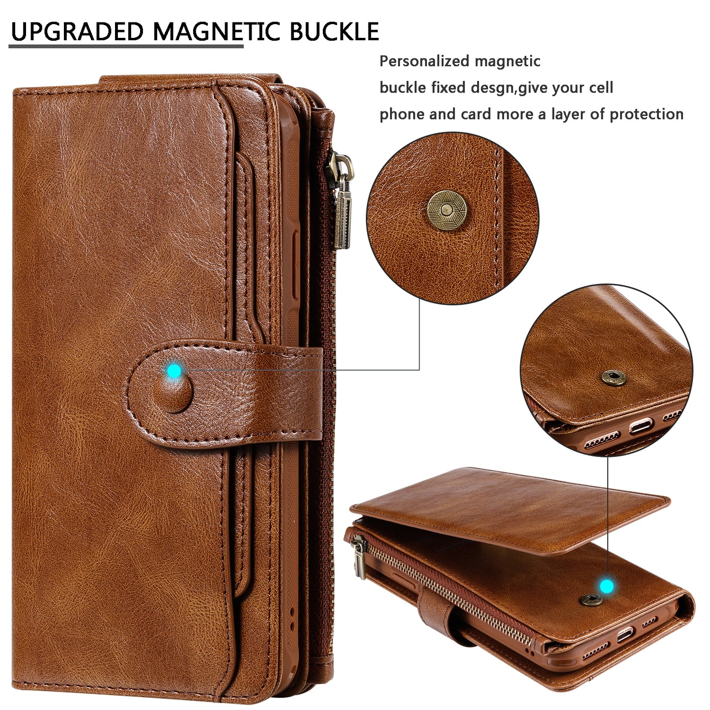 Customizable Genuine Leather iPhone Flip Case Wallet with Magnetic Back Cover for iPhone 12/ iPhone 11/ iPhone XS/ iPhone 8/ iPhone 7