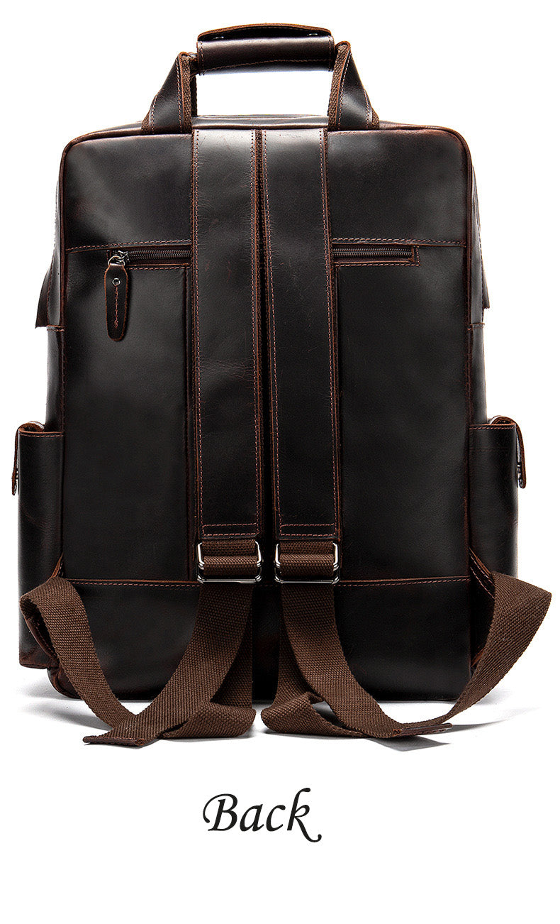 Retro Full Grain Cowhide Leather Backpack for 15" Laptop Travel Hiking Camping Rucksack with Multi-pockets, Engraving Customization for Option