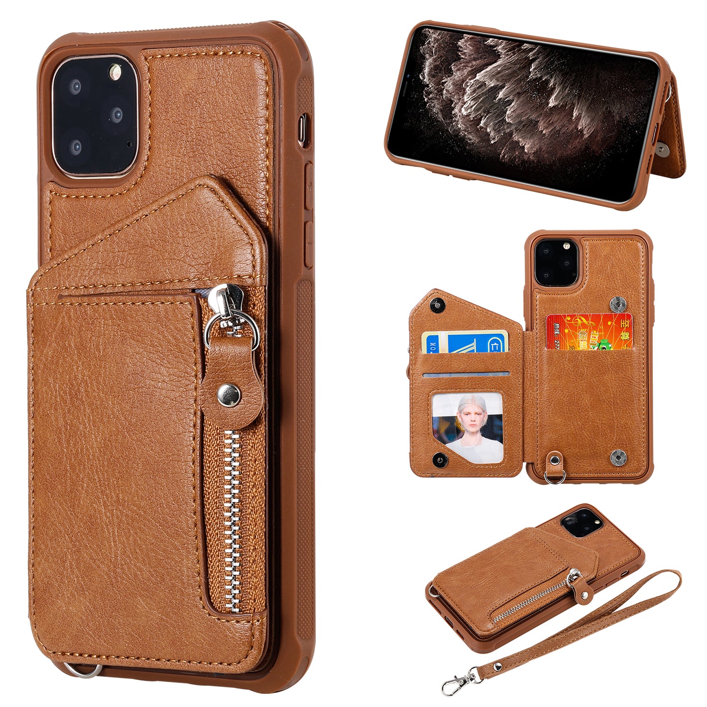 Customizable Strap Genuine Leather iPhone Case with Wallet for iPhone 13/ iPhone 12/ iPhone 11/ iPhone XS/ iPhone 8/ iPhone 7/ iPhone SE 2nd Gen