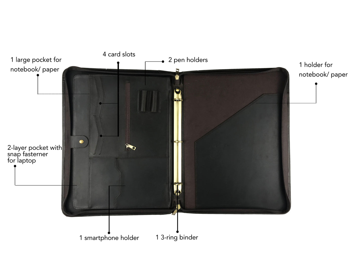 Genuine Leather Portfolio for Men, Zipper Padfolio, Personalised Leather 3 Ring Binder Fits for 13 Inch Laptop Legal Pad A4 Paper, Gift (Chocolate)