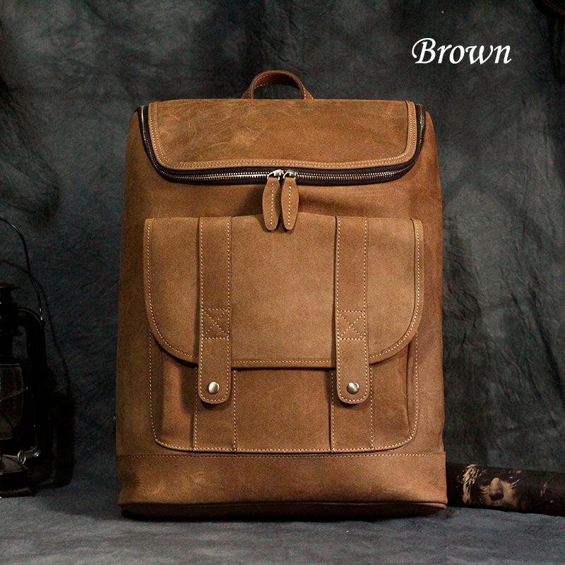 Vintage Full Grain Cowhide Leather Backpack for 15" Laptop Travel Hiking Camping Rucksack, Engraving Customization for Option