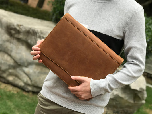 Genuine Leather Portfolio, Zipper Business Organizer, Padfolio for Legal Paper/ A4 Size Notepad/ MacBook, Birthday Gifts for Men