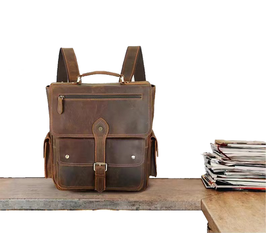 Vintage Handmade Crazy Horse Leather Backpack, Leather Bag for MacBook/ iPad/ A4/ Legal Paper