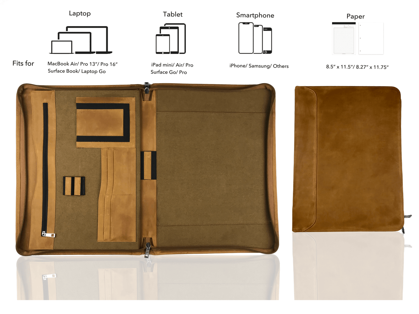 Genuine Leather Portfolio, Zipper Padfolio for Legal Paper 8.5" x 11"/ 8.5" x 14"/ A4 Letter Size Notepad/ MacBook 13", Gift (Tan)